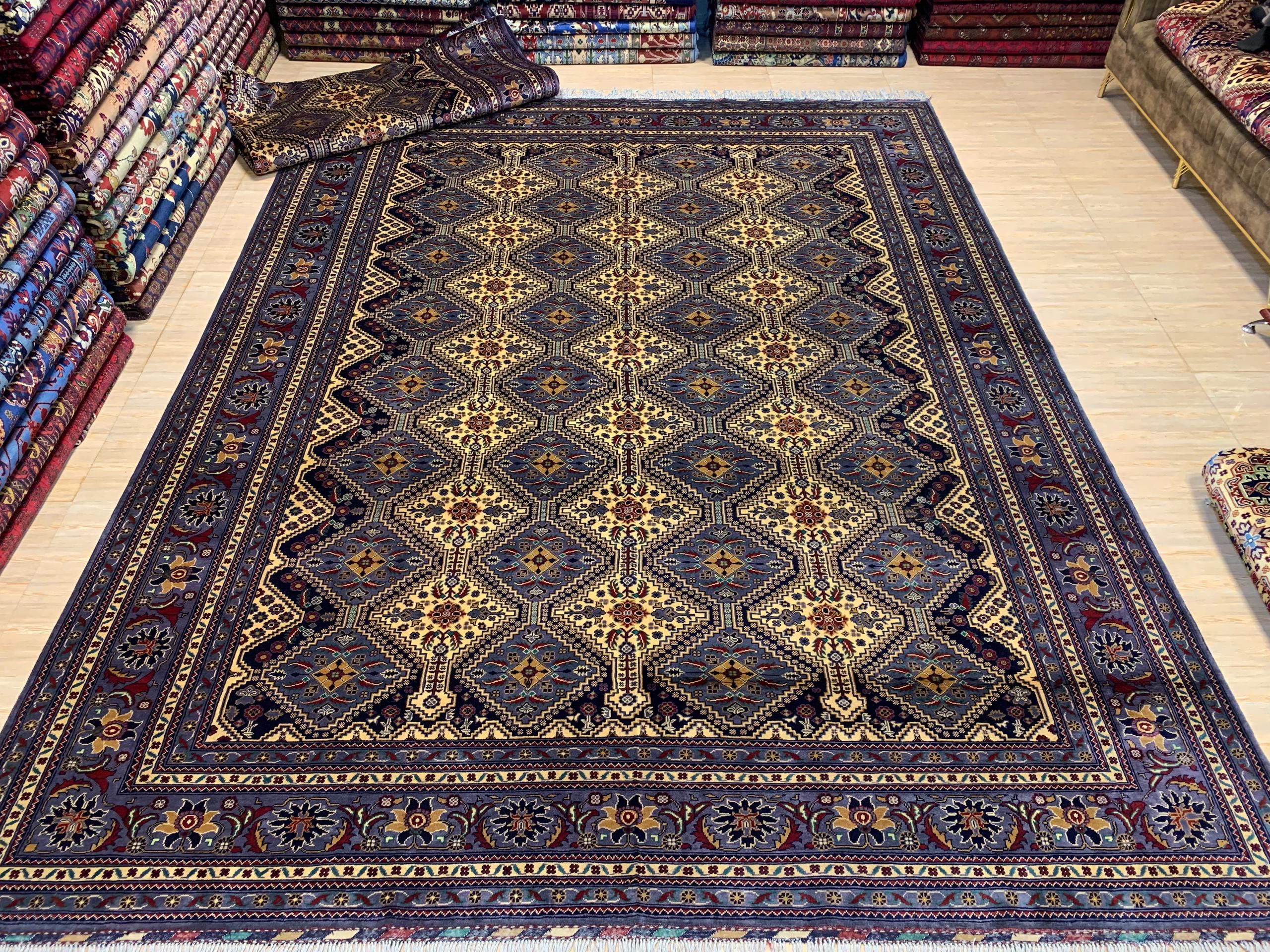 Navy and gold diamond pattern Afghan rug